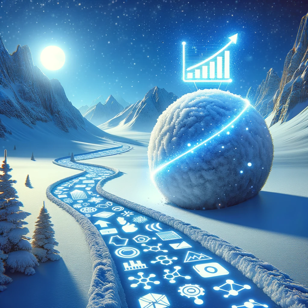 Photo of a majestic snow-covered landscape A snowball with a digital screen displaying rising analytics and metrics