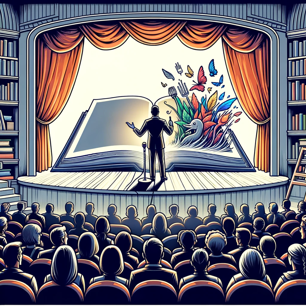 Illustration of a grand library setting, where an eloquent storyteller, dressed in professional attire, stands on a stage
