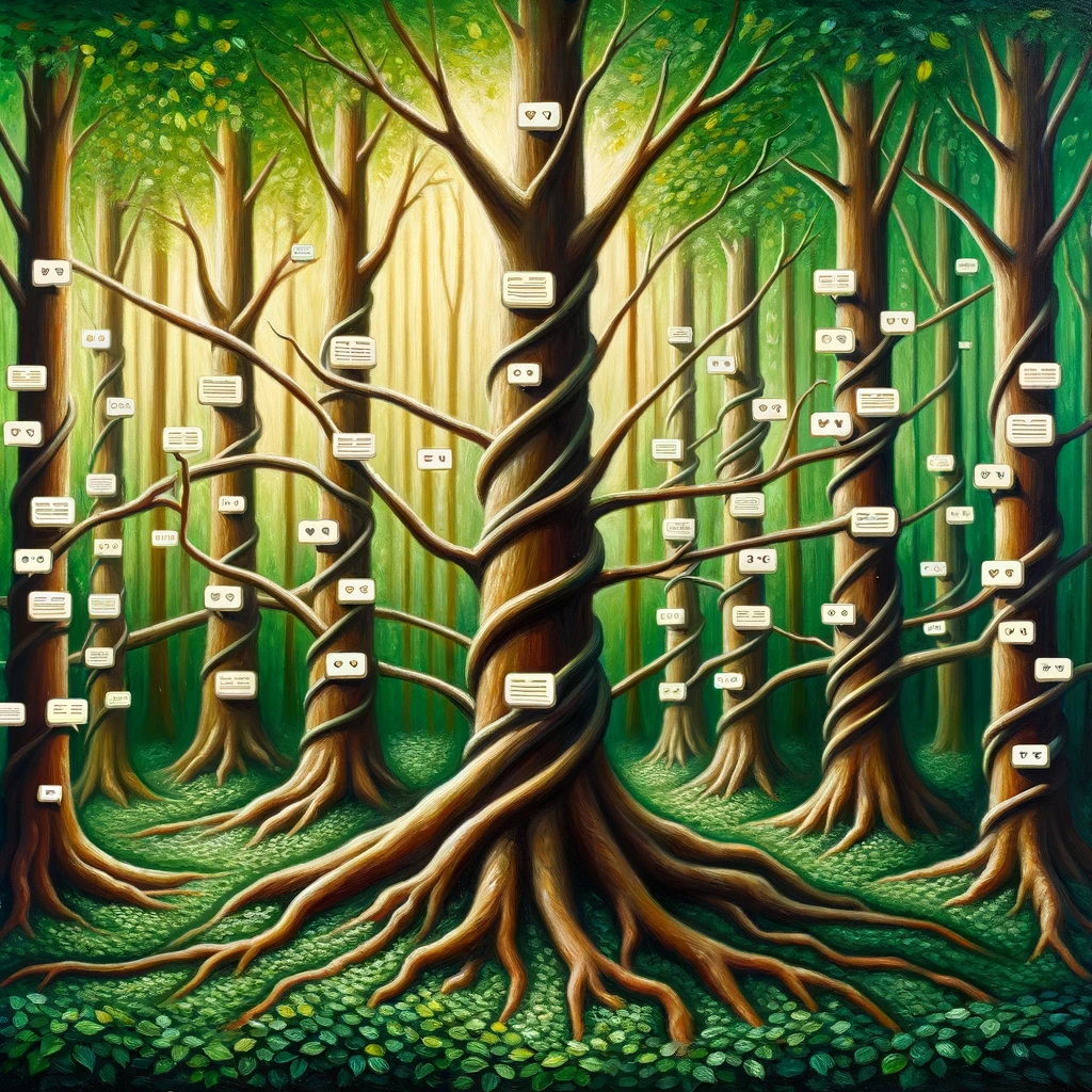 Oil painting of a dense forest where each tree stands for a unique blog post