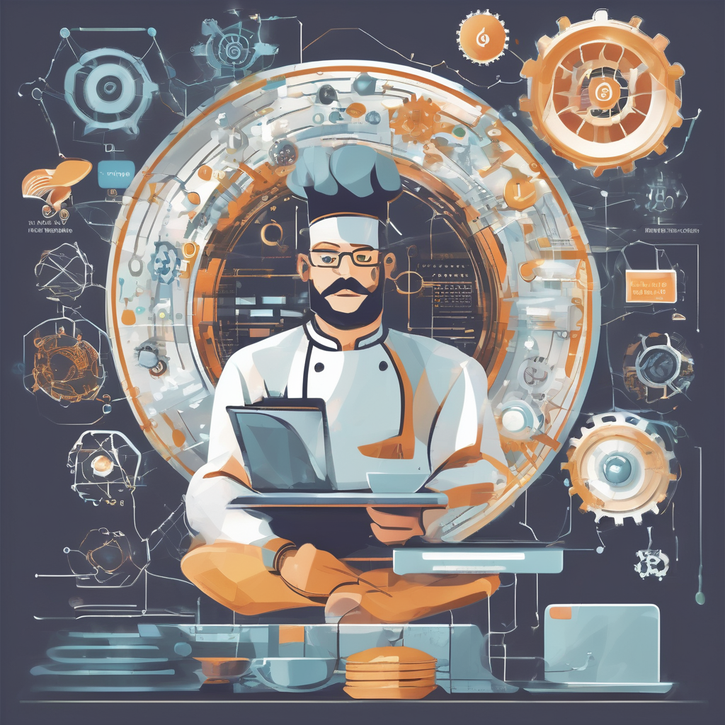 illustration of seo wizard with coffee in front of laptop