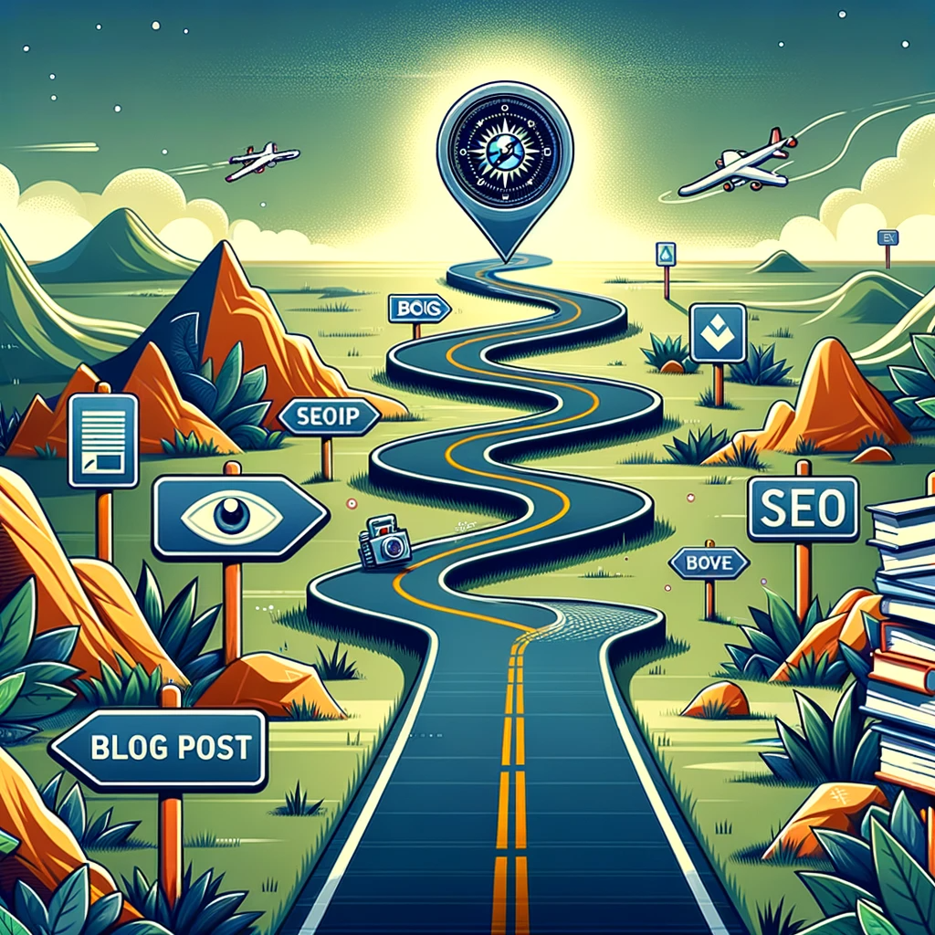 Illustration of a winding road stretching across a digital landscape, representing the journey of brand enhancement