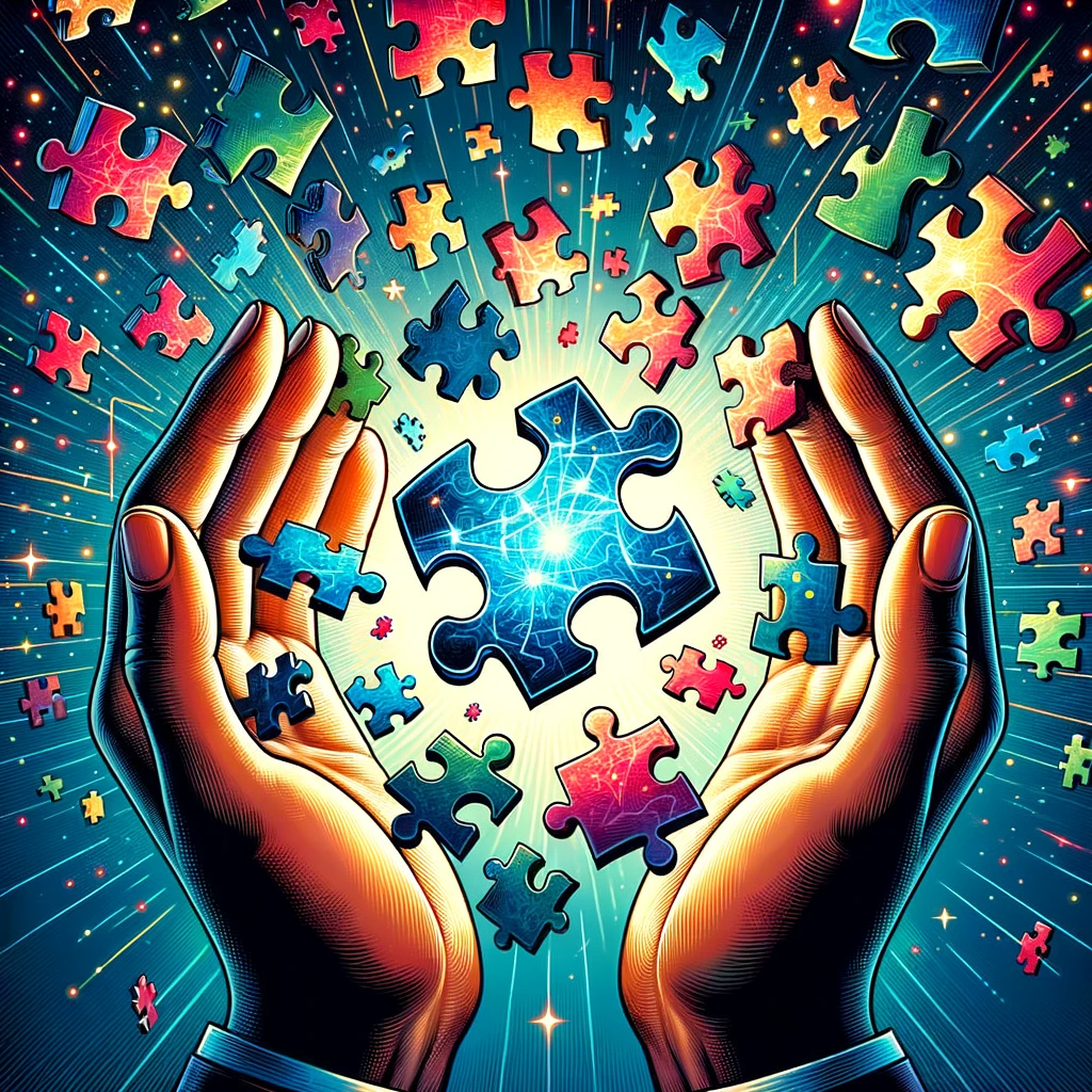 Illustration of a pair of hands holding a jigsaw puzzle Initially, the pieces are scattered and the image is unclear