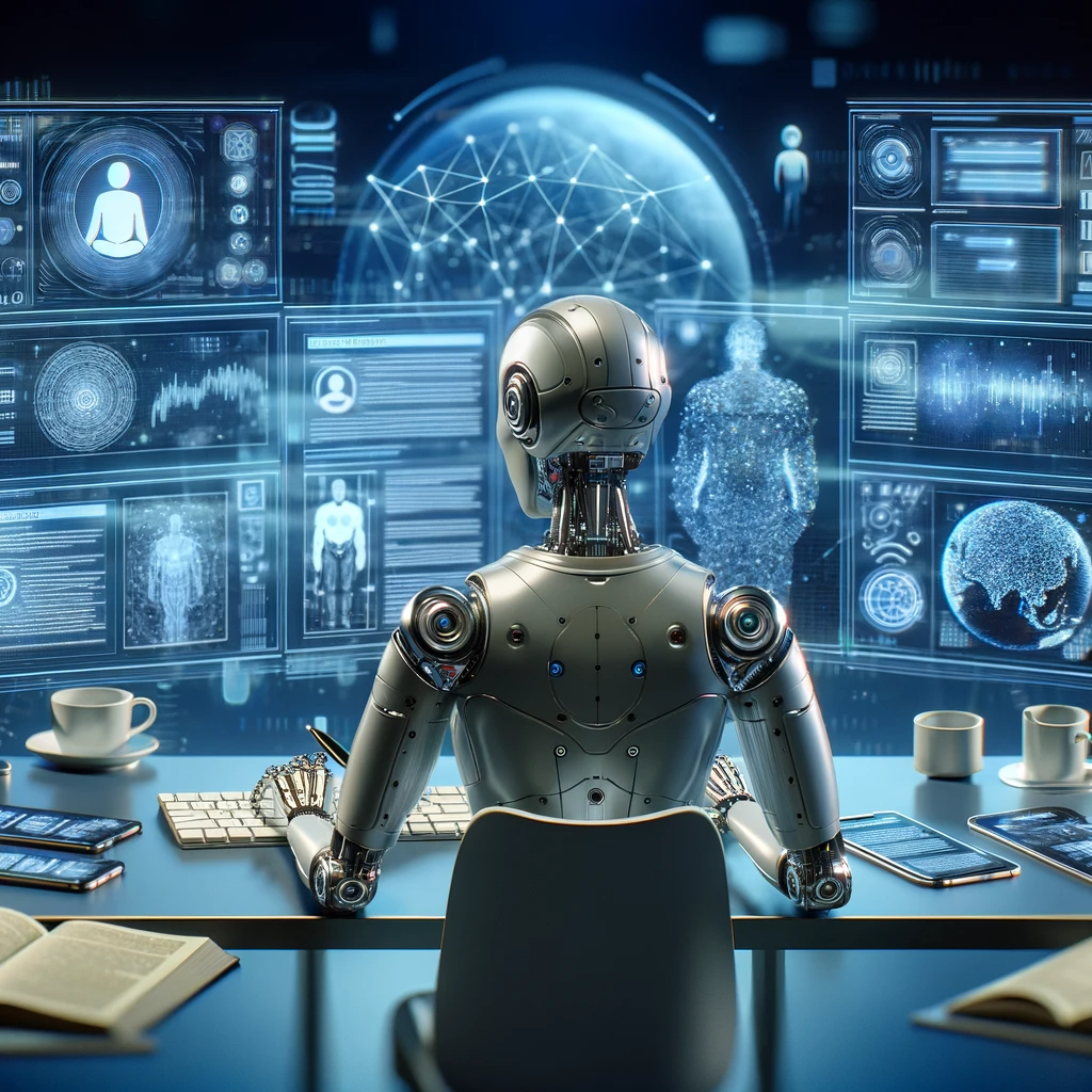 A futuristic scene showing a humanoid robot sitting at a desk with multiple screens, each displaying different types of content