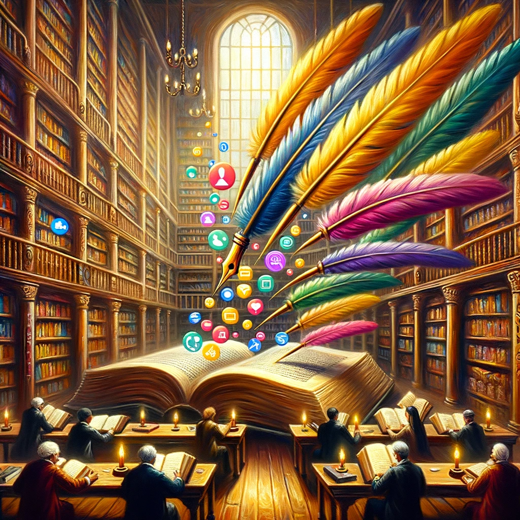 Oil painting of an old library with large books on shelves As people read the books, vibrant quill pens hover and jot down symbolic icons on the page