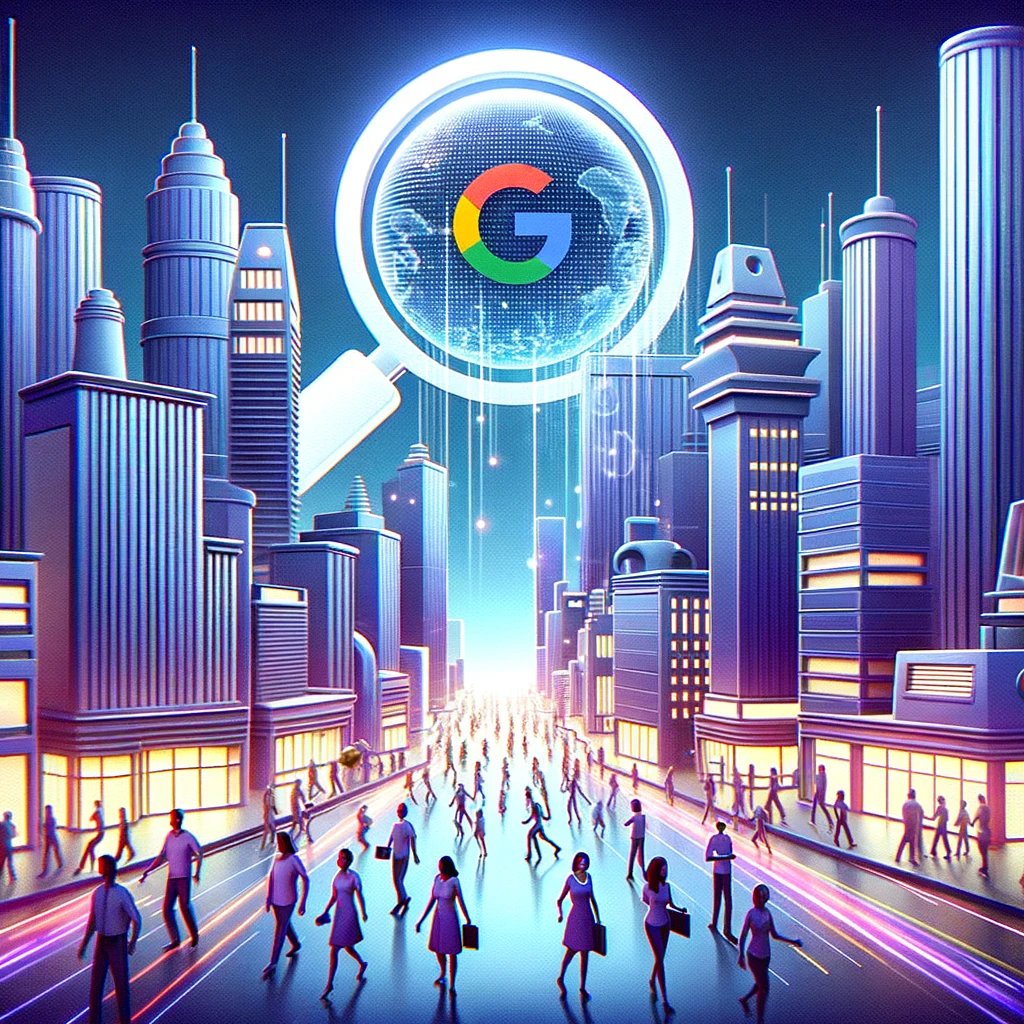 Illustration of a bustling digital cityscape where skyscrapers are shaped like search bars and magnifying glasses