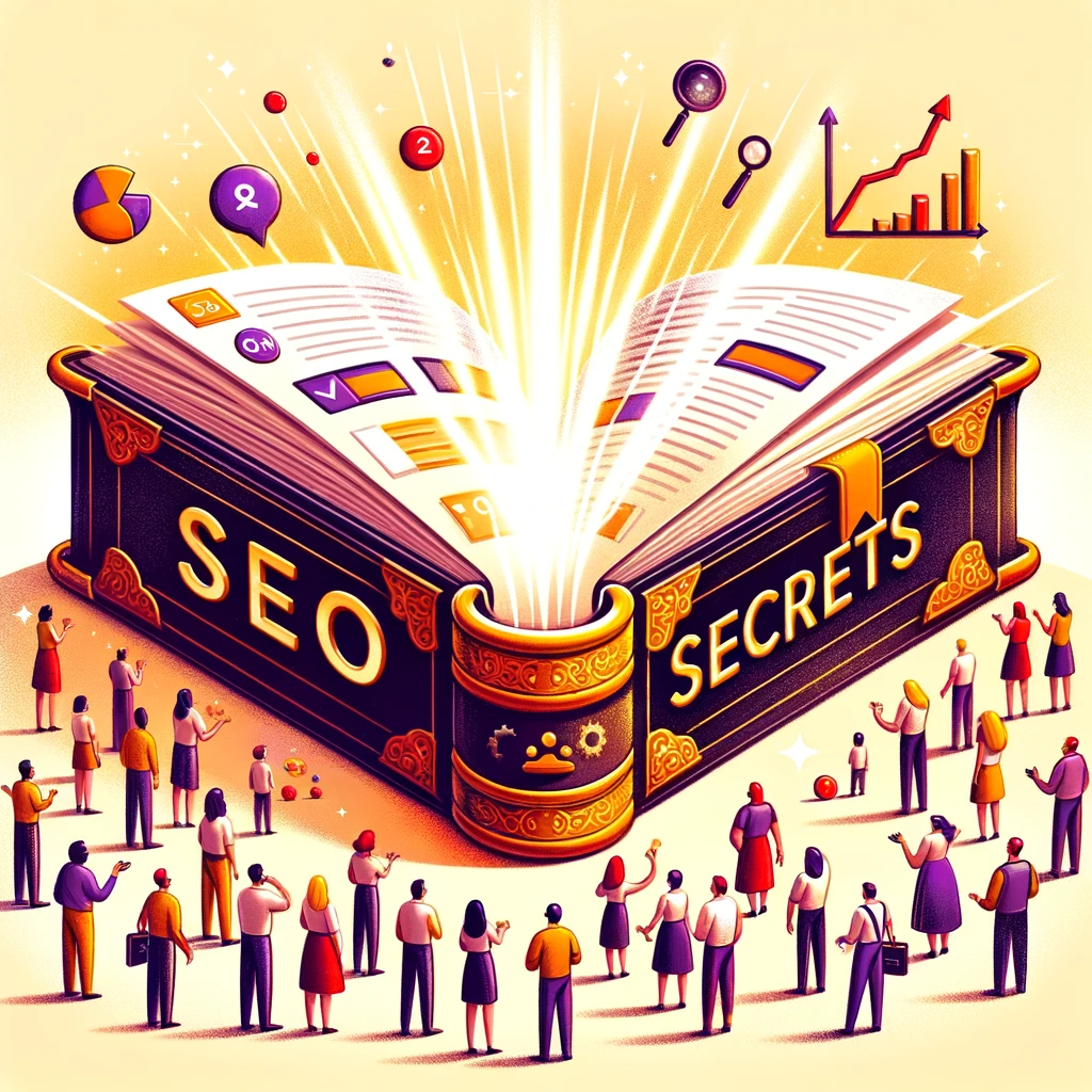Illustration of a large, ornate book labeled 'SEO Secrets' As it opens, a burst of light emerges, illuminating various SEO elements