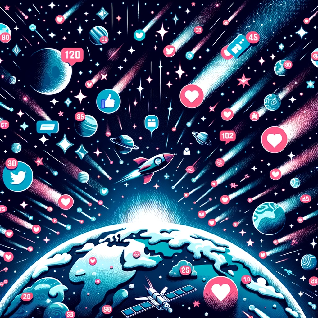 Illustration of a vast digital universe with countless stars and planets Each celestial body represents a social media platform