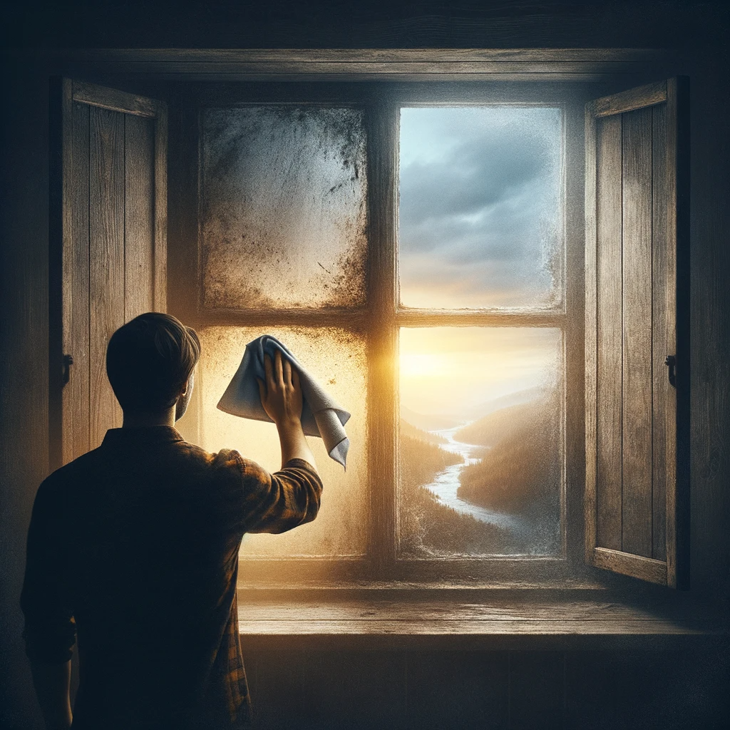 Photo of a person in a dimly lit room, looking through an old, dusty window As they wipe away the dust and grime with a cloth