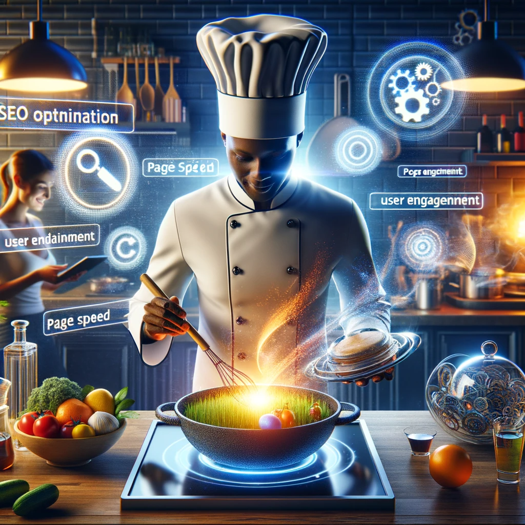 Photo of a sophisticated, modern kitchen with digital holographic displays A chef