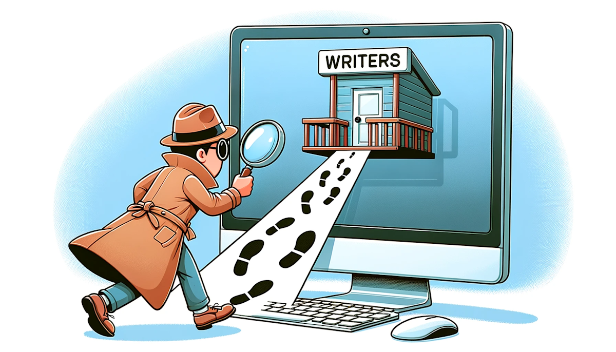Cartoon of a digital detective following footprints on a computer screen leading to a platform labeled 'Writers', illustrating the quest for talent
