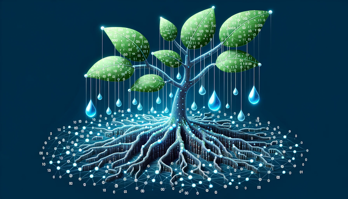 Illustration of a digital plant with leaves made of interconnected nodes and roots formed by binary code As water droplets, symbolizing organic users