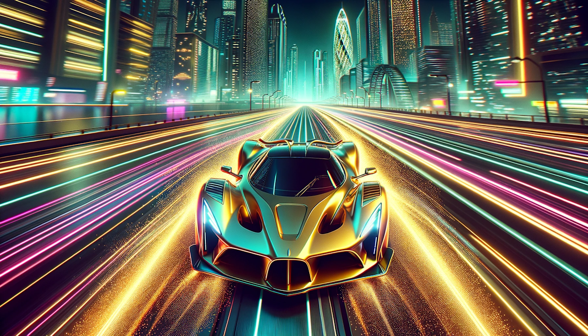 Illustration of a futuristic golden supercar speeding down a neon-lit city highway