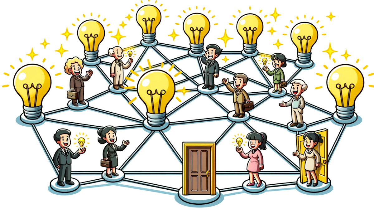 Cartoon of a networking web, where characters are linked not only to each other but also to light bulbs (ideas) and golden doors (opportunities)