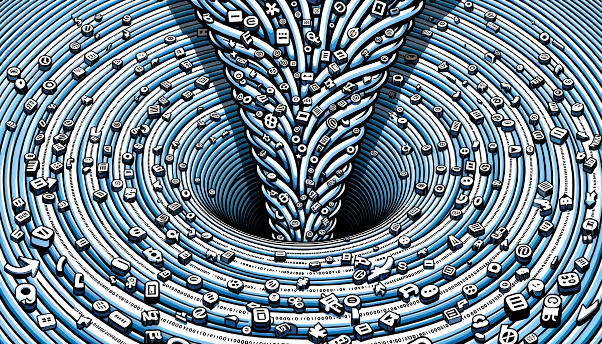 Vector graphic of a whirlpool with a stream of repetitive identical digital symbols being sucked in, emphasizing the vortex of overused keywords