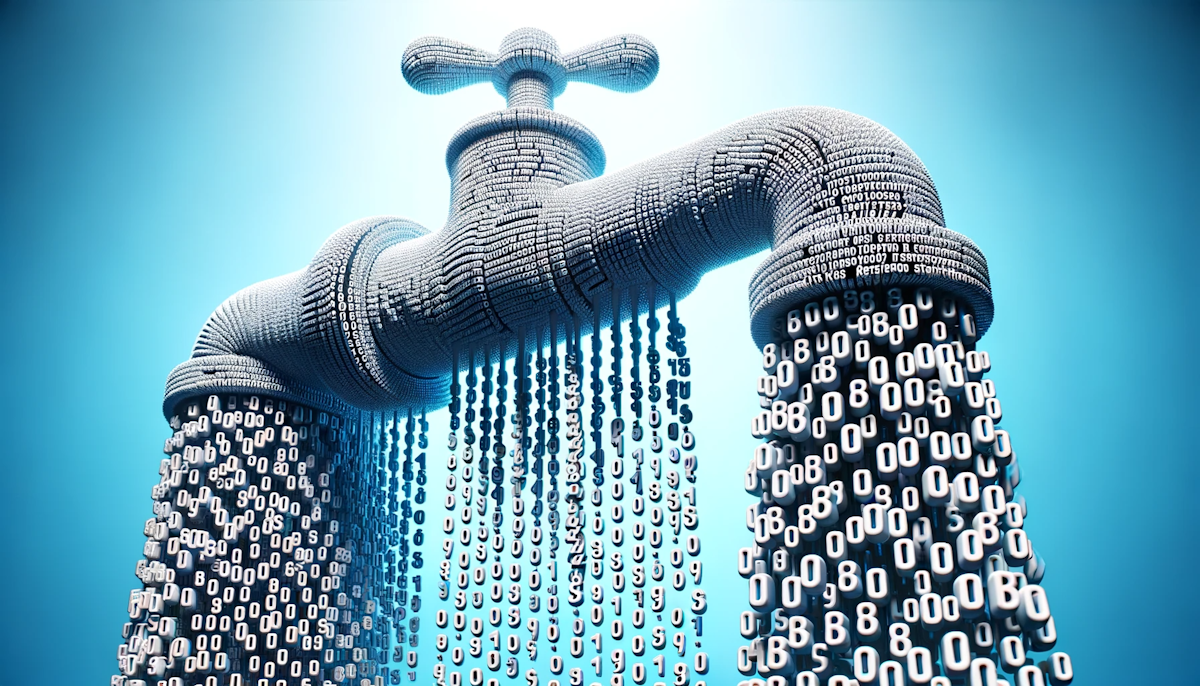 Illustration of a digital faucet dripping with identical symbols, portraying the incessant flow and repetition characteristic of keyword stuffing