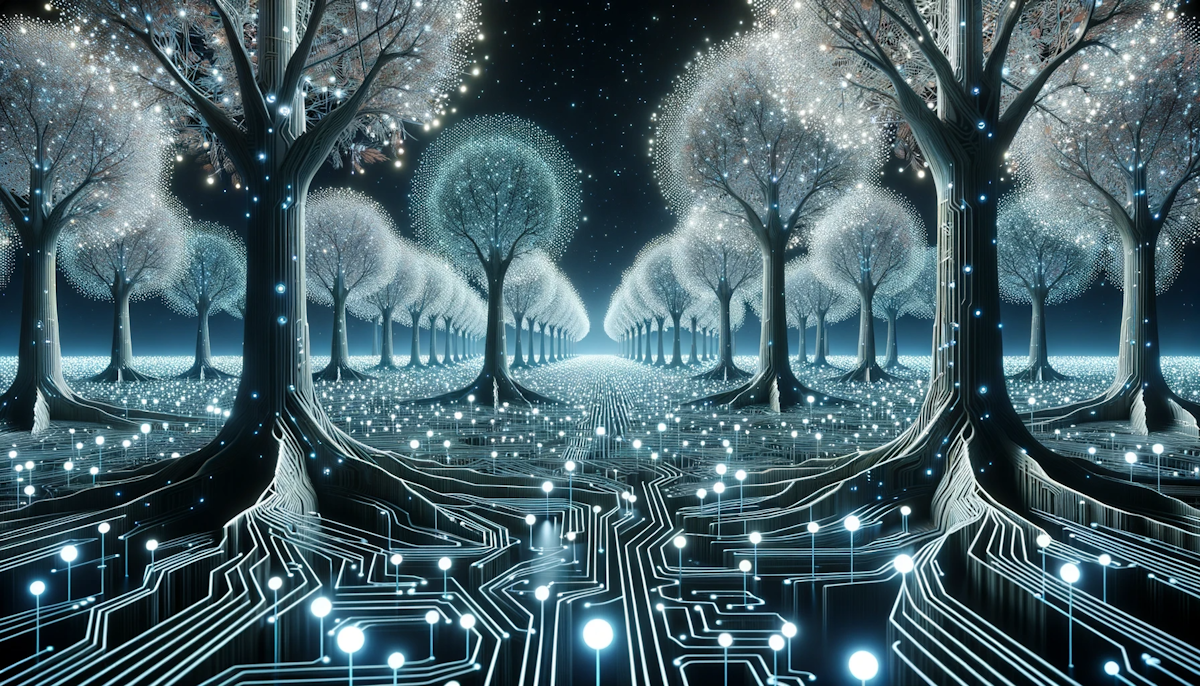 Illustration of a digital forest with trees made of circuits and glowing nodes