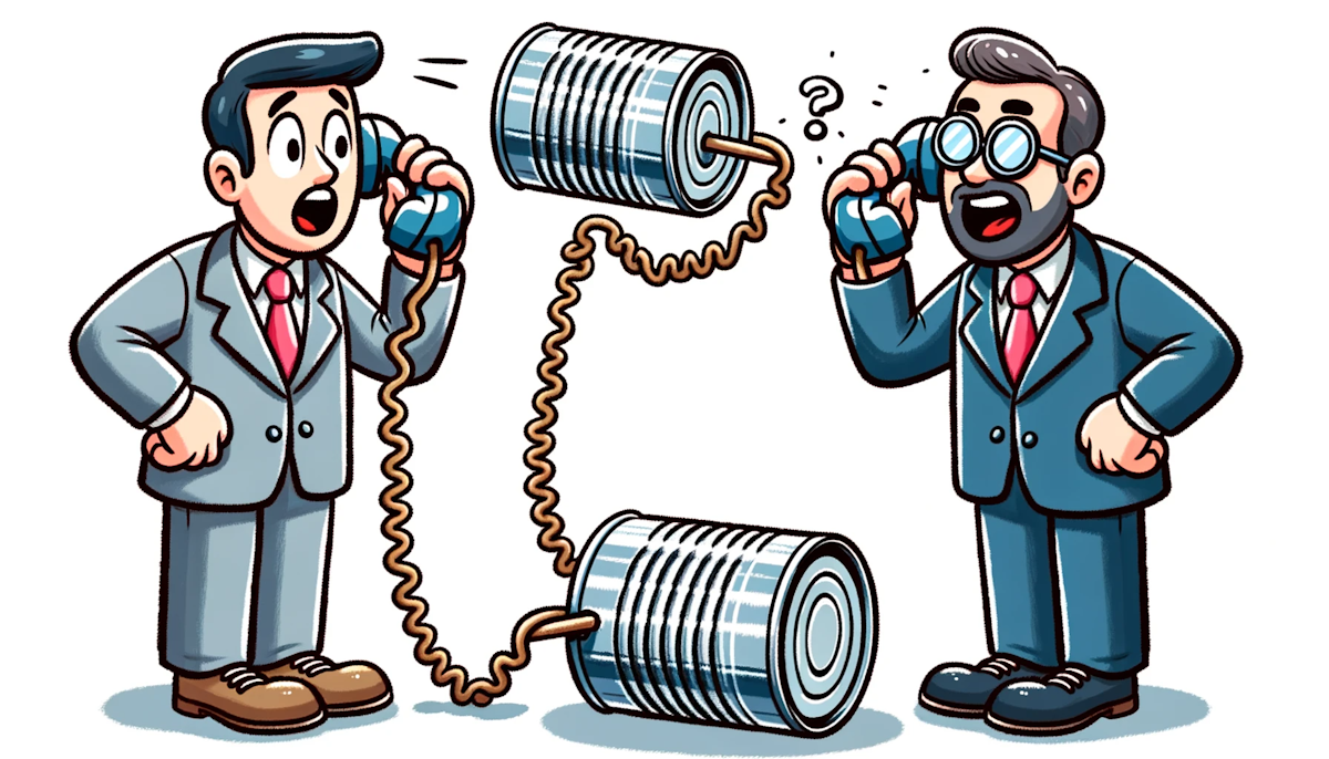 Cartoon of two characters, one representing the client and the other a subcontractor, communicating through tin can phones
