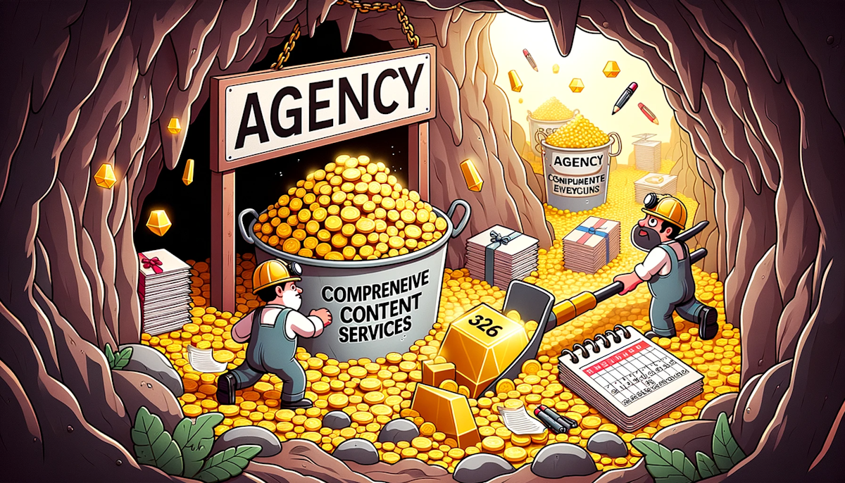 Cartoon of characters mining in a cave labeled 'Agency', unearthing golden nuggets shaped like pens, papers, and calendars, illustrating the goldmine