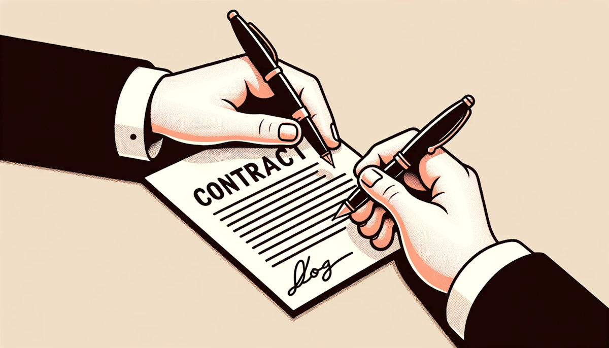 Illustration of a hand extending a contract towards a pen poised to sign, representing the formal hiring of a blog writer