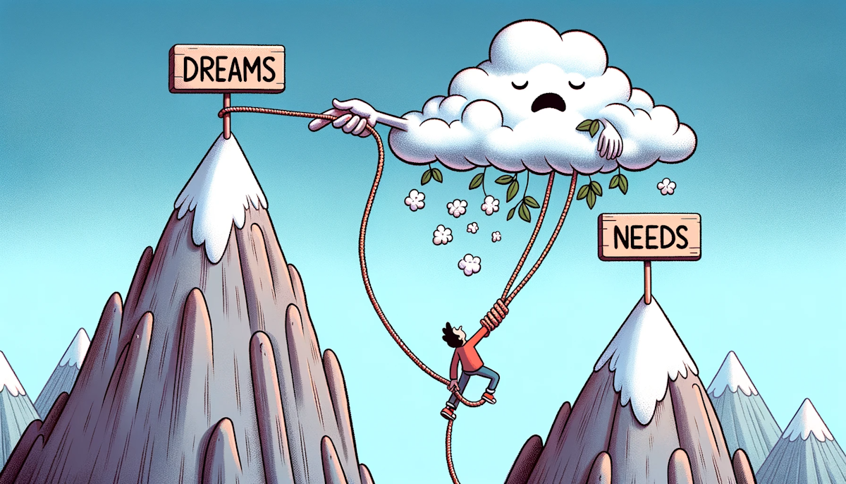 Cartoon of a character climbing a mountain, reaching out to a floating cloud of dreams and desires, but anchored by a safety rope labeled 'Needs'