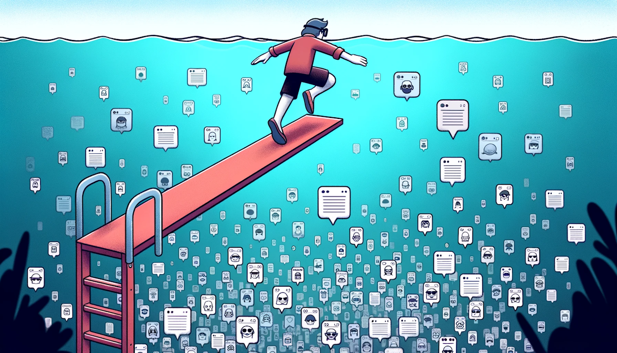 Cartoon of a character on a diving board, ready to plunge into a pool filled with writer avatars and filtering tools floating around