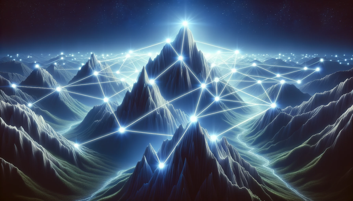 Artistic depiction of a digital mountain range with peaks that emit beams of light
