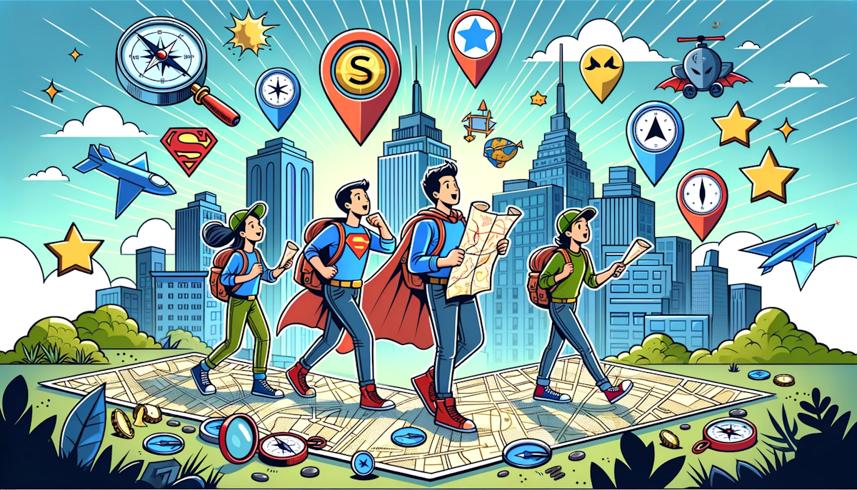 Cartoon of a team of adventurers with maps and compasses, searching through a cityscape filled with superhero symbols