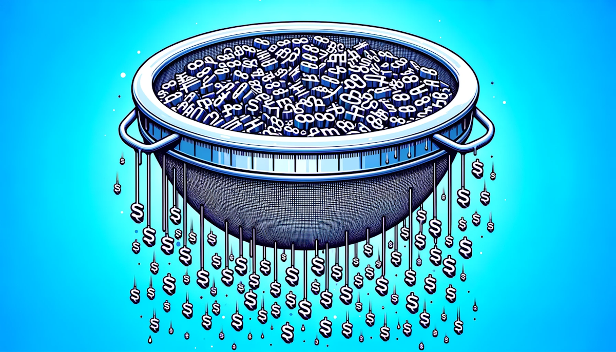 Illustration of a digital sieve with identical symbols dripping through, highlighting the saturation and overflow symbolic of keyword stuffing