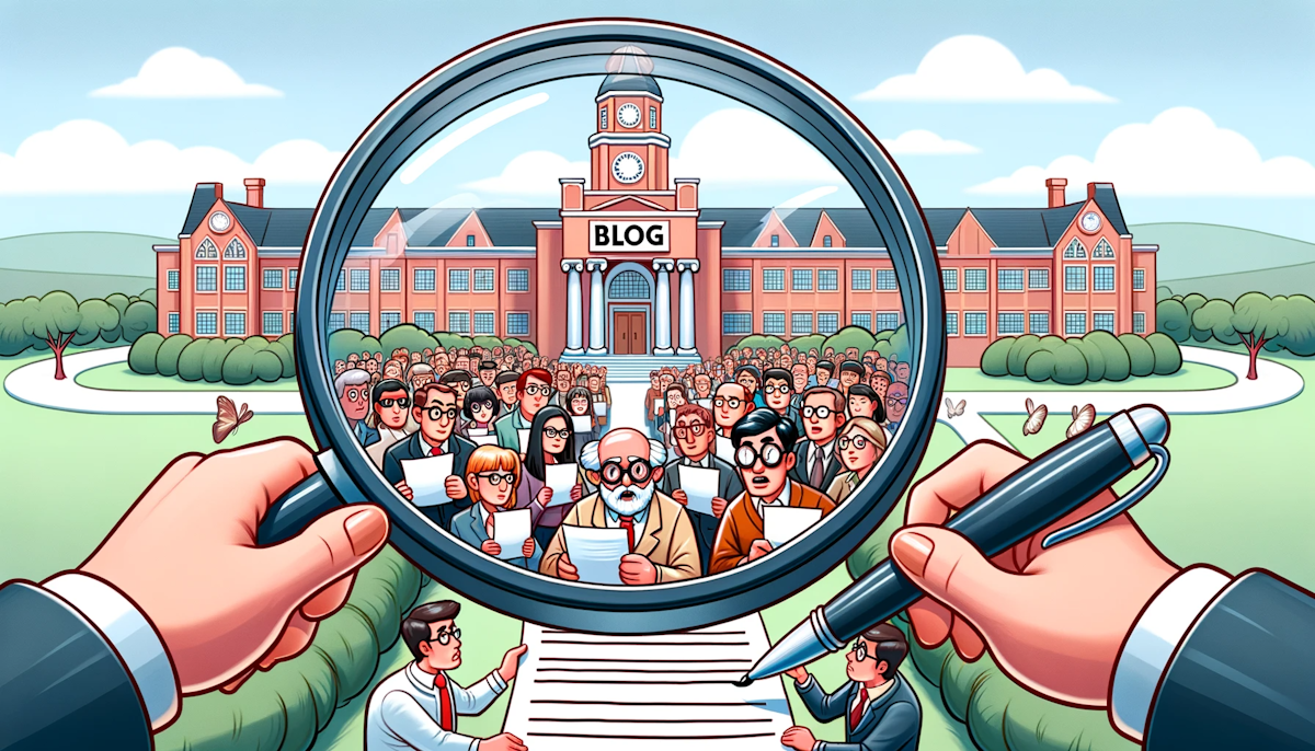 Cartoon of a magnifying glass over a university, focusing on professors and lecturers holding pens and papers, highlighting their potential