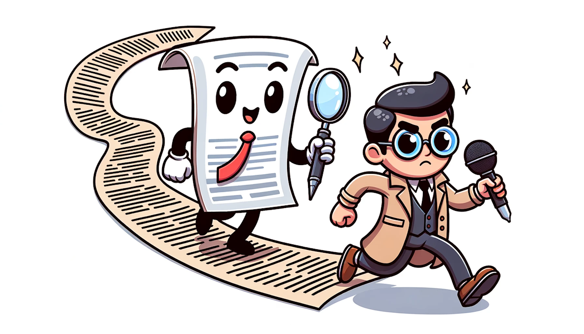 Cartoon of a detective character following a trail of written pages, leading to a writer character with a pen