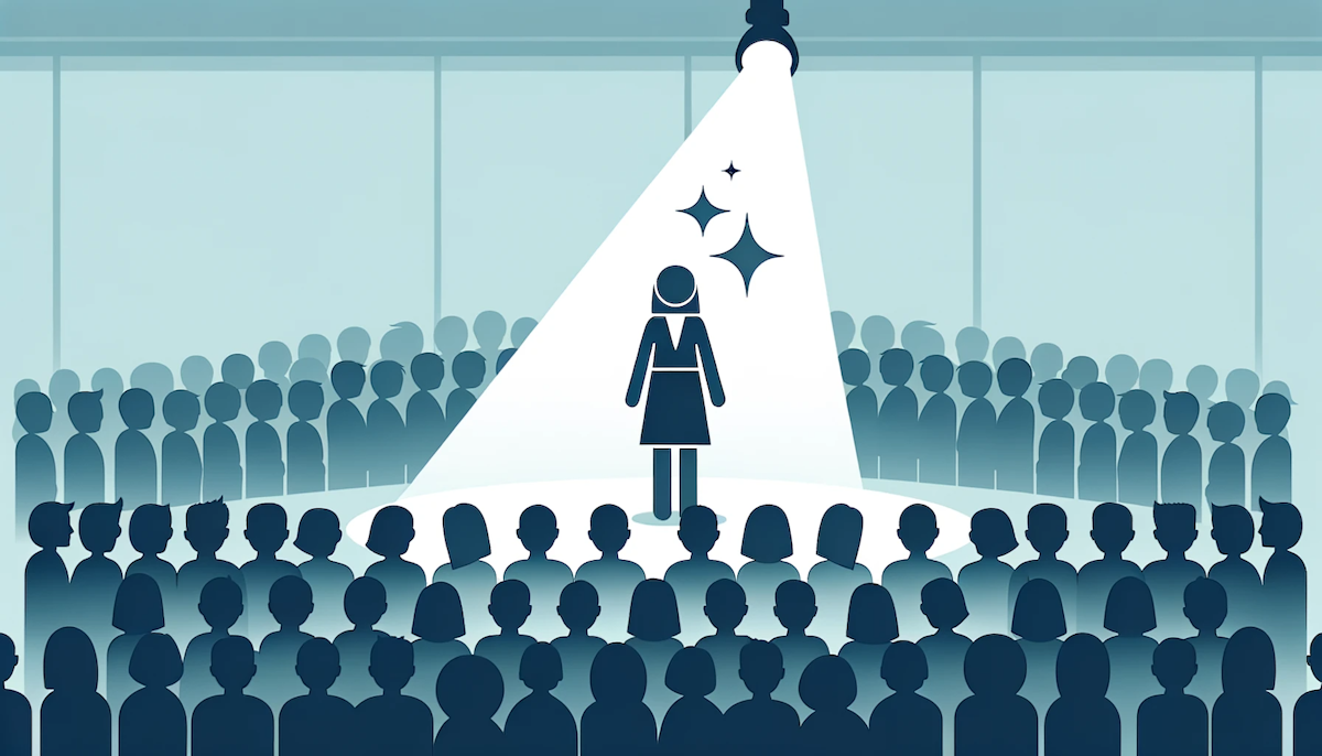 Vector graphic of a spotlight focusing on a writer amidst a crowd, emphasizing the selection and hiring of a standout blog writer