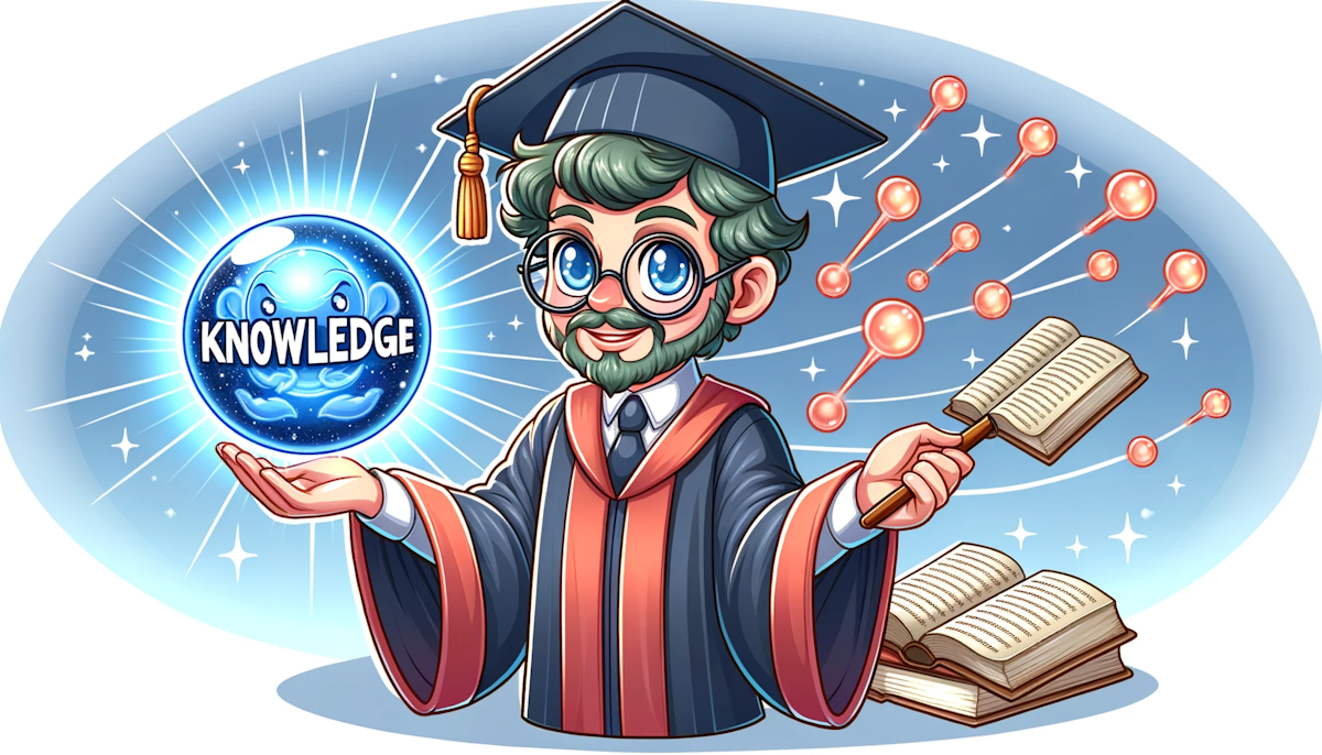 Cartoon of a character wearing a scholar's robe and holding a luminous orb labeled 'Knowledge', symbolizing the depth of subject matter expertise