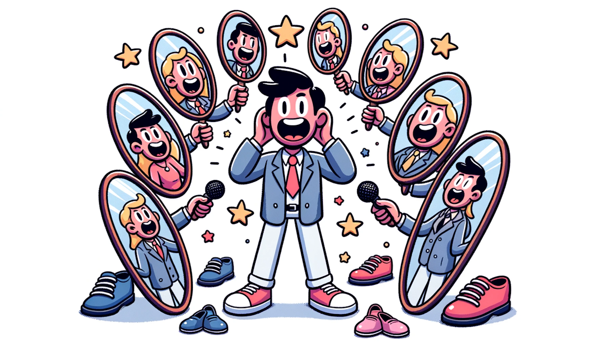 Cartoon of a character surrounded by mirrors, each reflecting a different brand persona and voice, illustrating the exploration of diverse brands