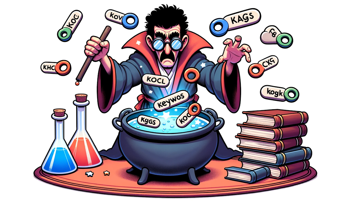 Cartoon of a sorcerer conjuring a potion with floating keywords as primary ingredients, representing the alchemy and magic behind keyword optimization