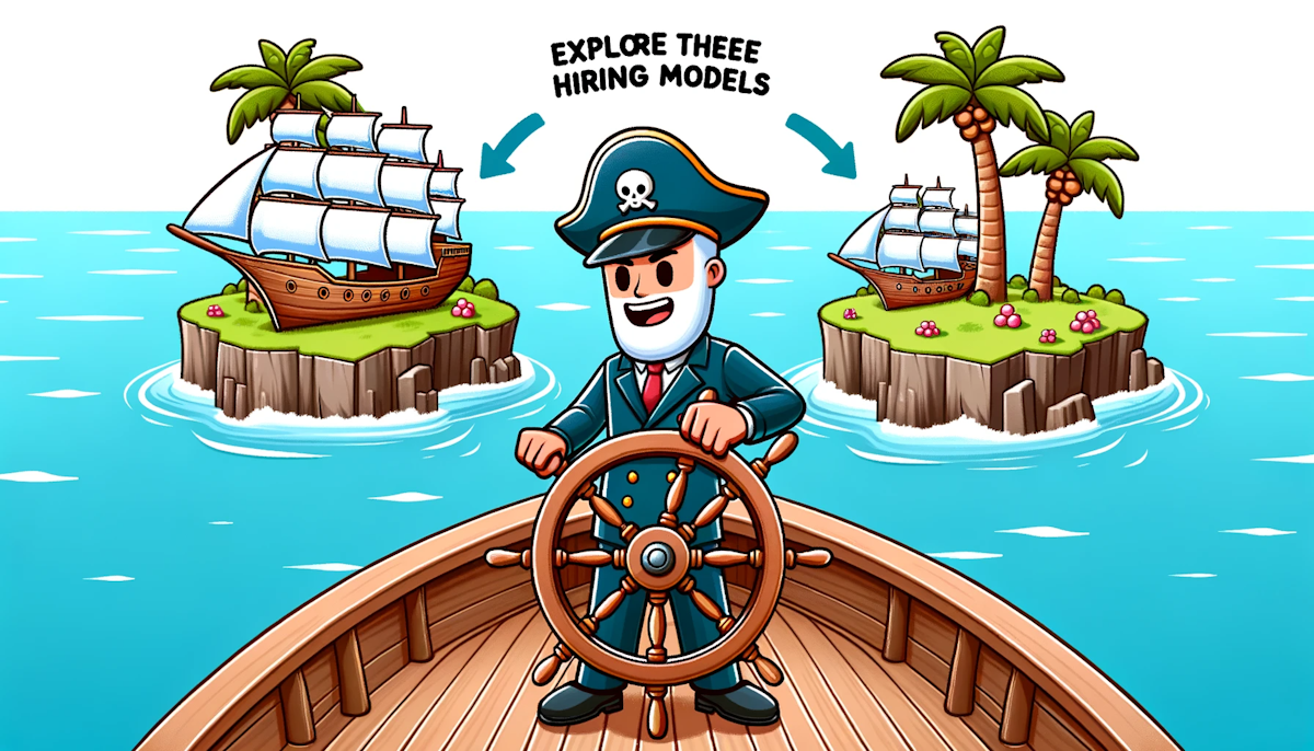 Cartoon of a ship's captain character, steering the wheel and setting sail towards three islands representing the distinct hiring models
