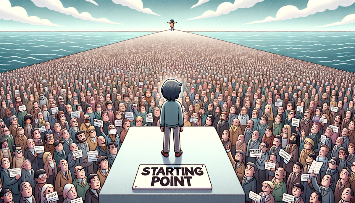 Cartoon of a character standing on a platform labeled 'Starting Point', looking ahead at a vast sea filled with writer avatars
