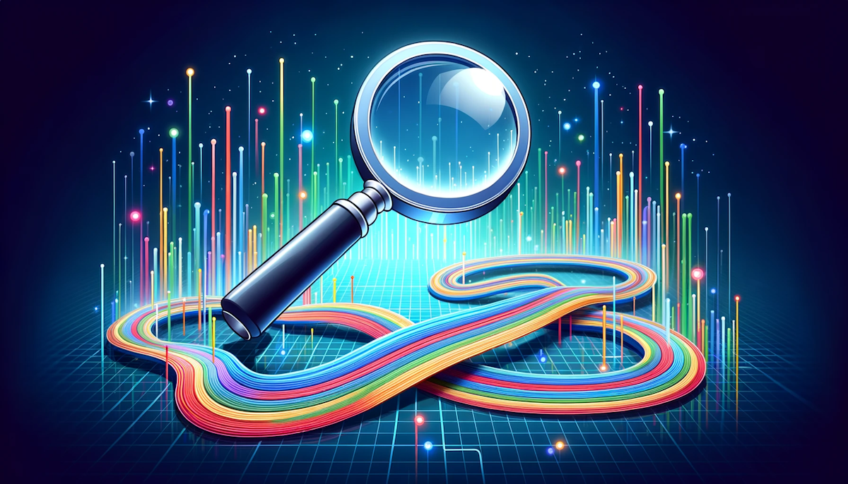 Illustration of a digital magnifying glass hovering over a digital landscape Beneath the lens, colorful trails extend in long winding patterns