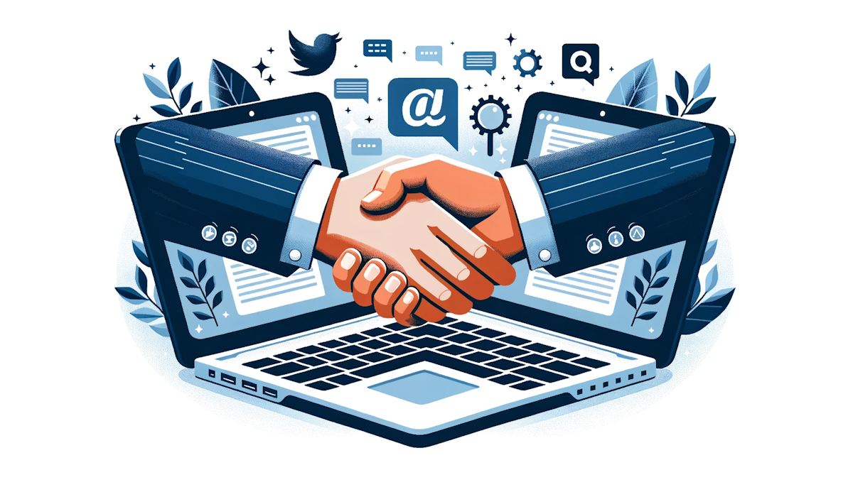 Vector graphic of two hands in a handshake, emerging from computer screens, depicting the virtual agreement and collaboration between a blog writer an