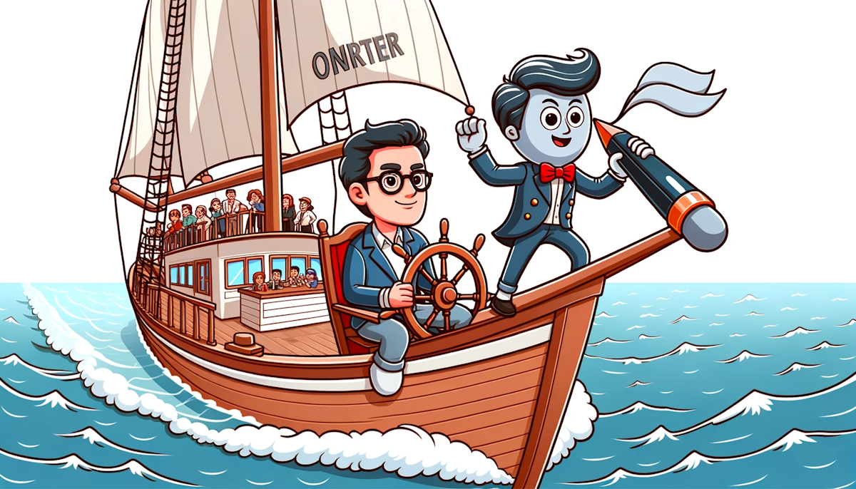 Cartoon of a business owner at the helm of a ship, with a writer character adjusting the sails to catch the online wind