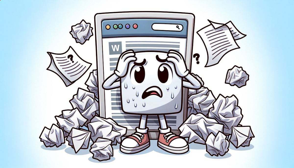Cartoon of a website character scratching its head, surrounded by empty pages and crumpled papers, representing the dilemma and exploration of hiring