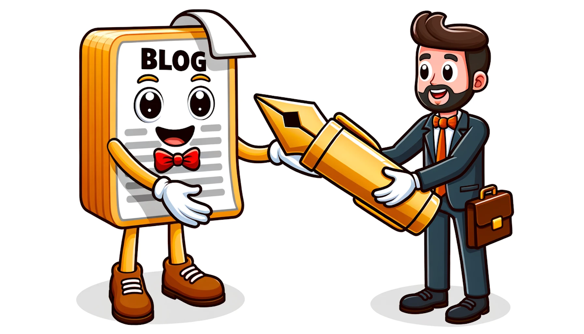 Cartoon of a blog page mascot handing over a golden pen to a writer character, representing the initiation of a new blog writer