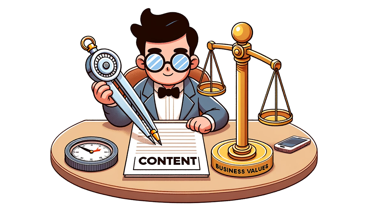 Cartoon of a writer sitting at a desk, with a compass in hand, aligning a piece of paper labeled 'Content' to a golden standard