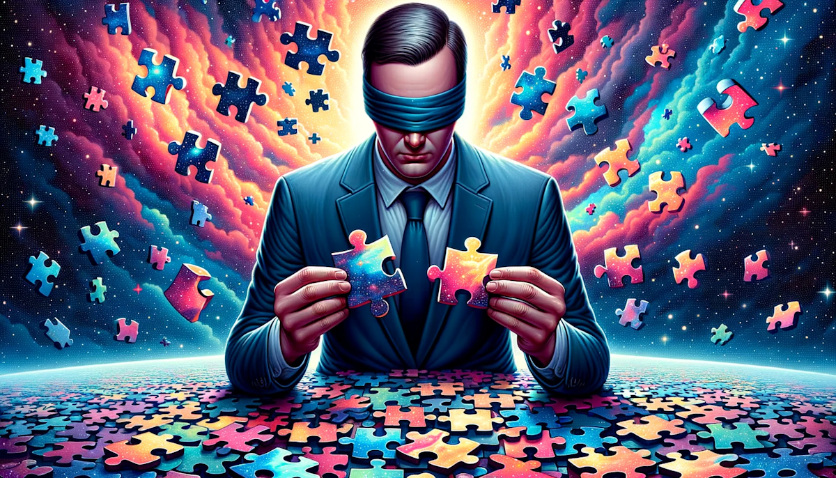 illustration of a man doing a puzzle blindfolded