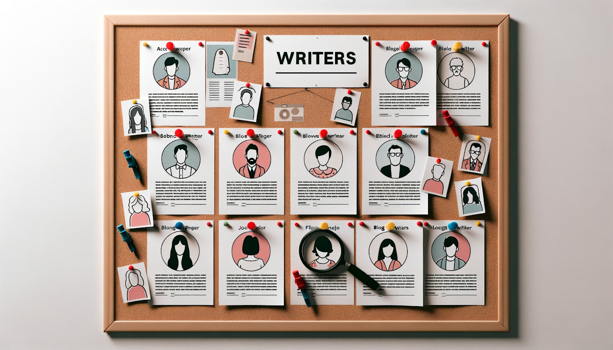 Photo of a bulletin board with pinned profiles of writers, alongside samples of their articles, indicating the process of finding and reviewing