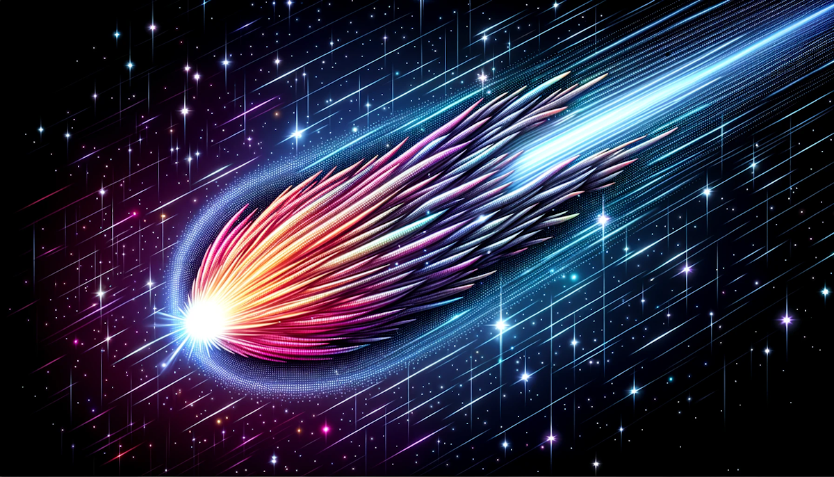 Illustration of a digital comet with a vibrant core and an extended, shimmering tail, flying across a digital sky