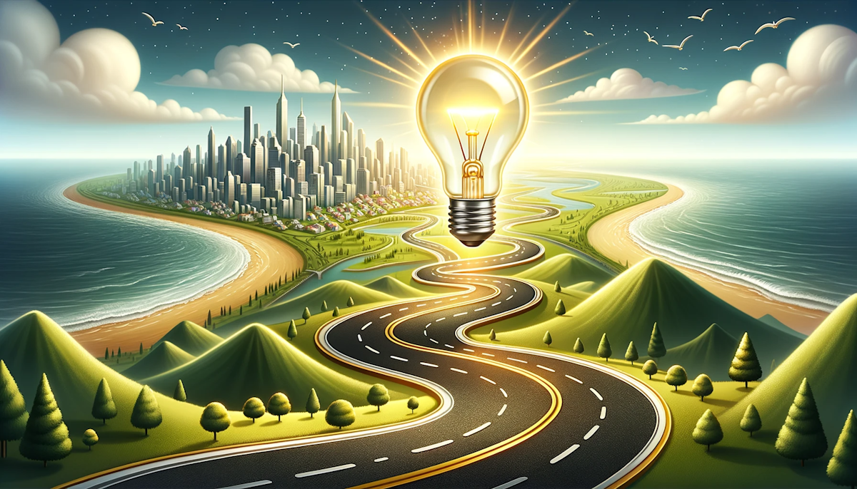 Illustration of a glowing lightbulb, symbolizing a brilliant idea, at the start of a winding road