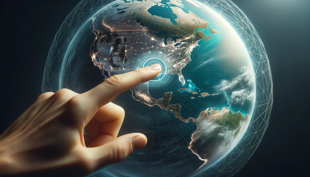 Photo of a hand with olive-toned skin interacting with a digital holographic globe