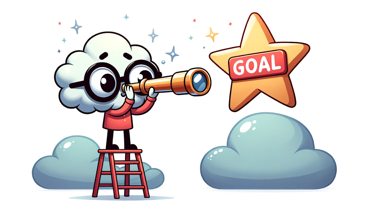 Cartoon of a character using a telescope to gaze at a distant star labeled 'Goal', representing the clarity and vision in defining objectives