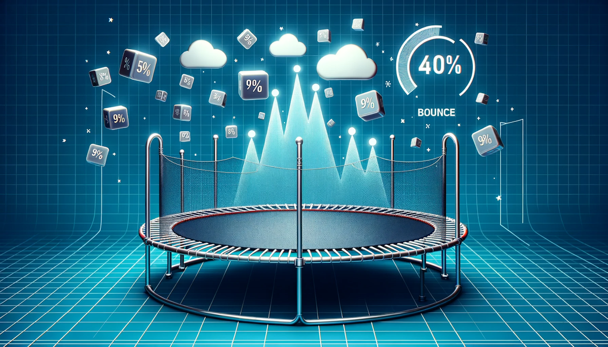 Illustration of a digital trampoline with data packets bouncing off it at various heights Above the trampoline, a percentage indicator adjusts in rea