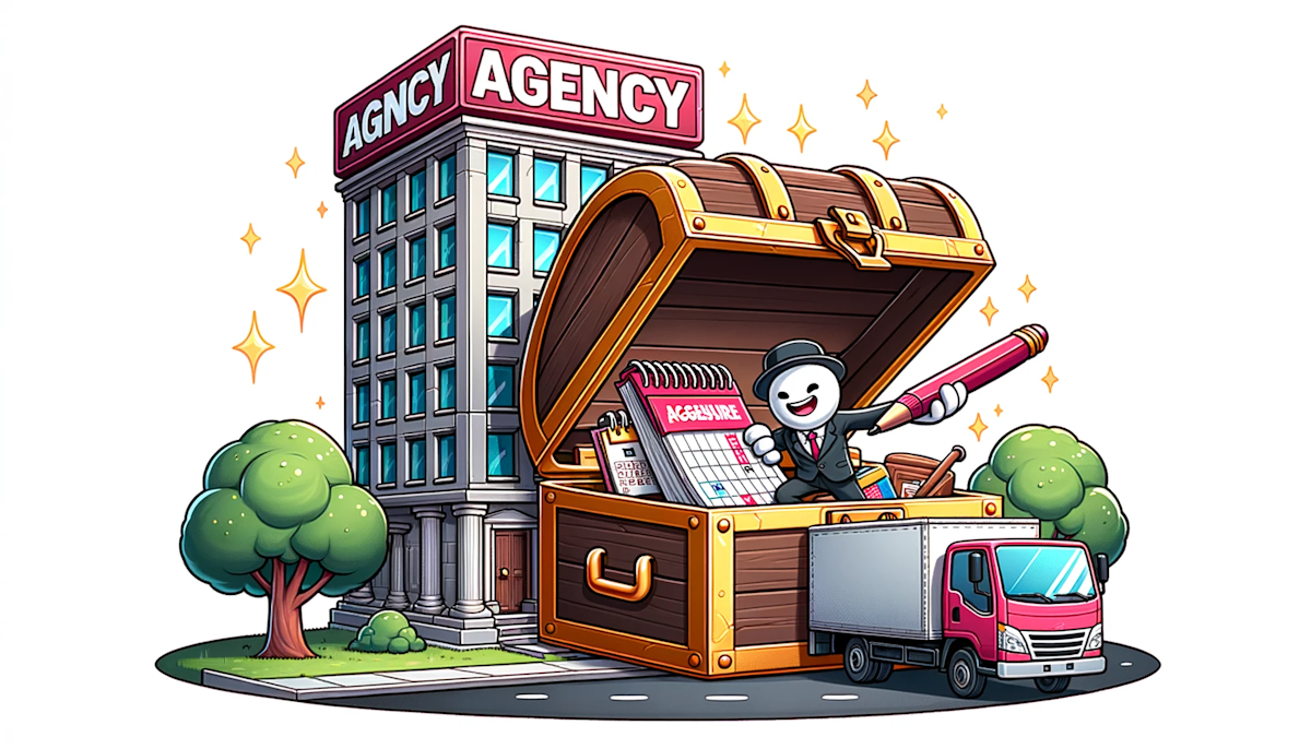 Cartoon of a character receiving a treasure chest from an agency building, with items like a calendar, pen, and distribution truck inside
